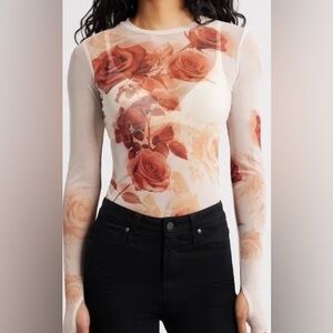 EUC AFRM mesh long sleeve top in beige rose print